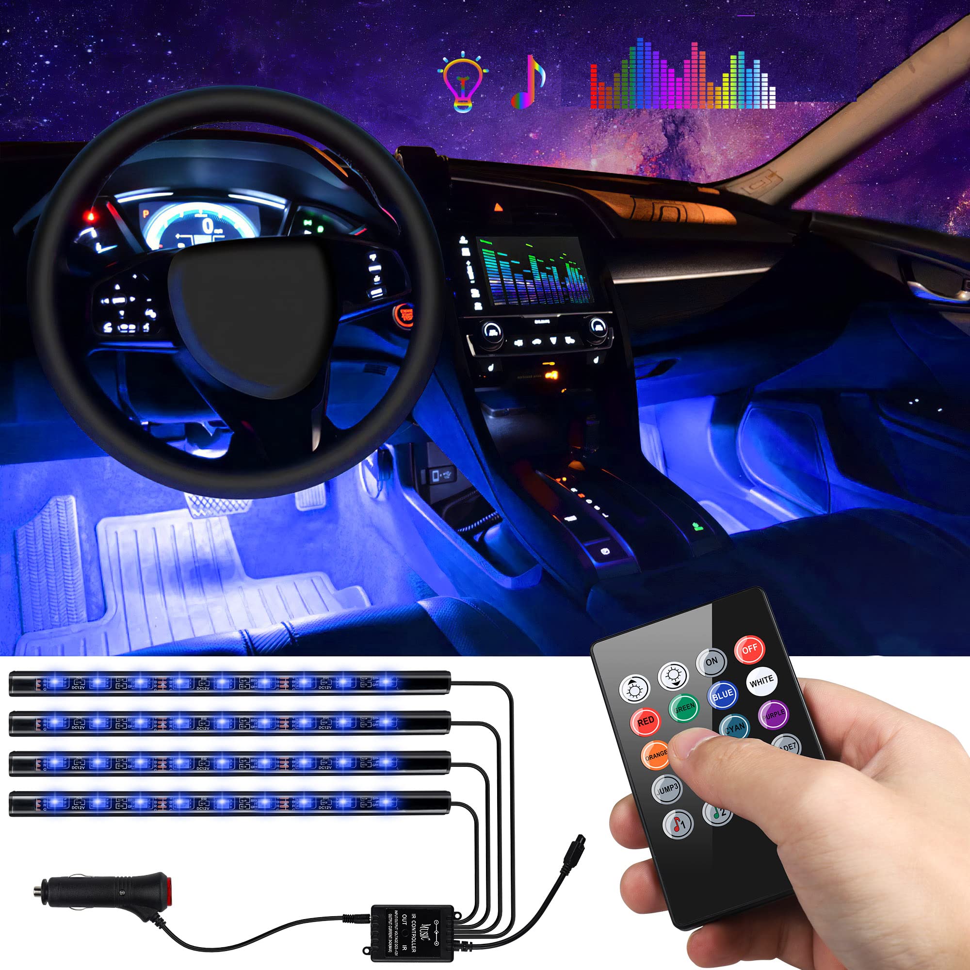 Car Interior Lights 4Pcs 36 Led Car Floor Atmosphere Glow Neon Lights Multi-Color Music Car Led Strip Lights Decorative Underdas